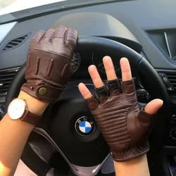 Man Goatskin Half Finger Glove NEW Autumn Mens Motorcycle Leather Gloves Male Semi-Fingers Non-slip Breathable Driving Mitten