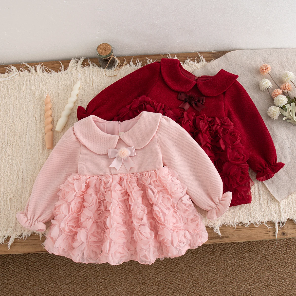 Christmas Baby Girl Dress Autumn/Winter Long Sleeved Sweet Mesh Birthday Party Princess Dress Flower Girl Children's Clothing