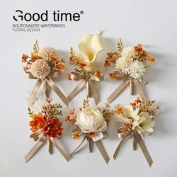 GT Silk Corsages Boutonnieres Wedding Decoration Marriage Rose Wrist Flowers for Guests gold