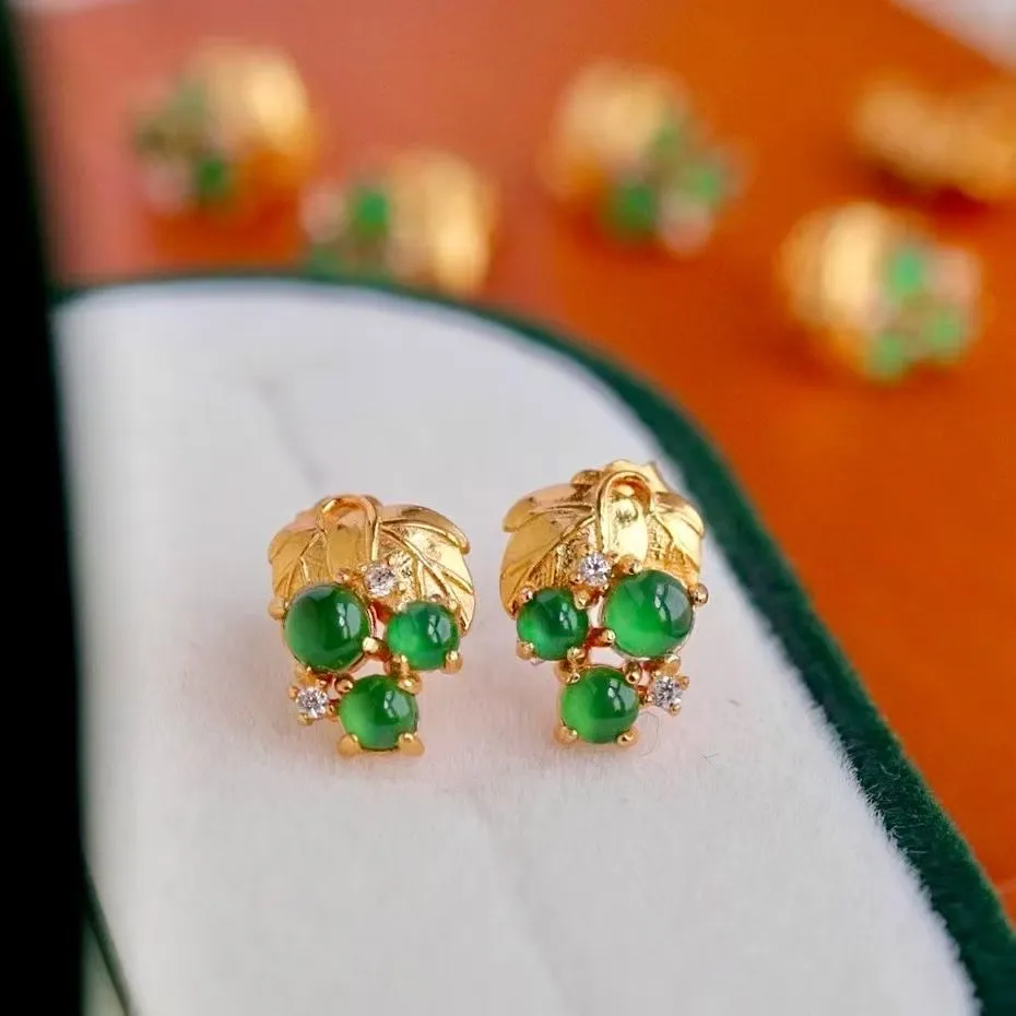 Certified 925 Sterling Silver Three Natural Type A Jadeite Grape Ear Stud Dainty Genuine Gems With CZ Earrings Neo-Chinese Jewel