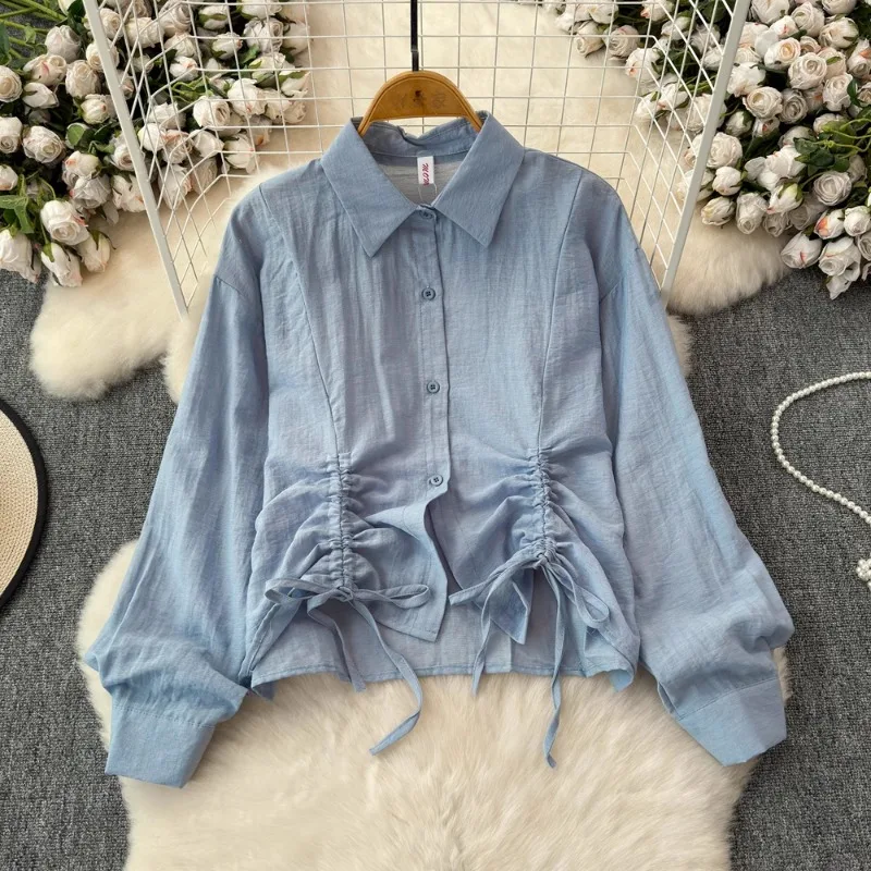 OCEANLOVE sznurkiem damskie koszule i bluzki jednolita wiosna jesień słodka koreańska moda Blusas Mujer Chic Vintage luźne Camisas