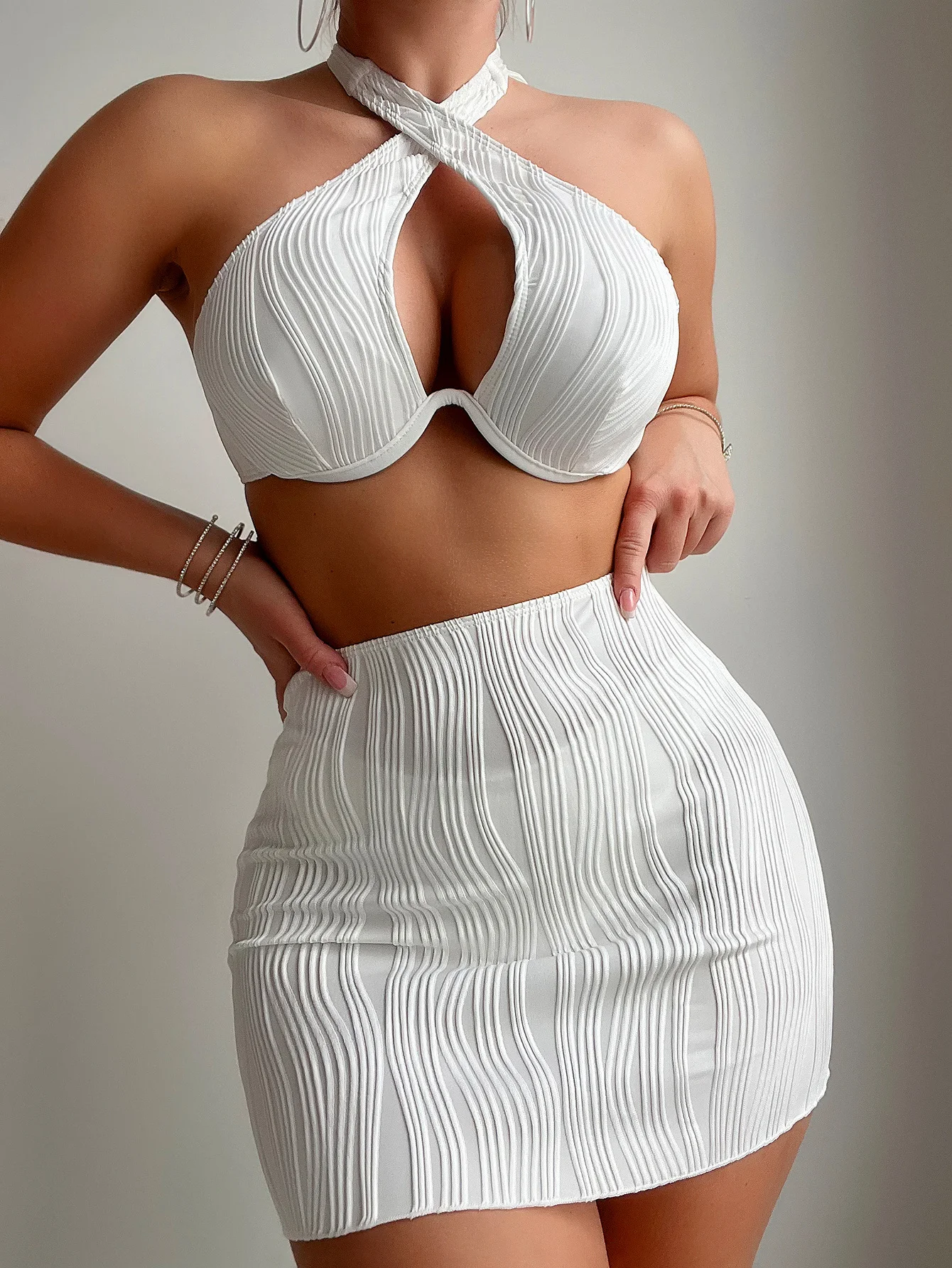 Sexy White Bikini 2025 Women Halter Cross Push Up Underwire Swimsuit Beach Bathing Suit High Waist Skirt 3 Pcs Swimwear Biquini
