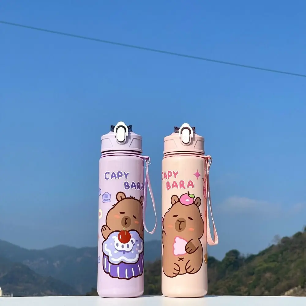 

800ml Capybara Water Bottles Cartoon Cute Transparent Plastic Cup with Shoulder Strap Straw Cup Capybara Drinking Bottle Juice