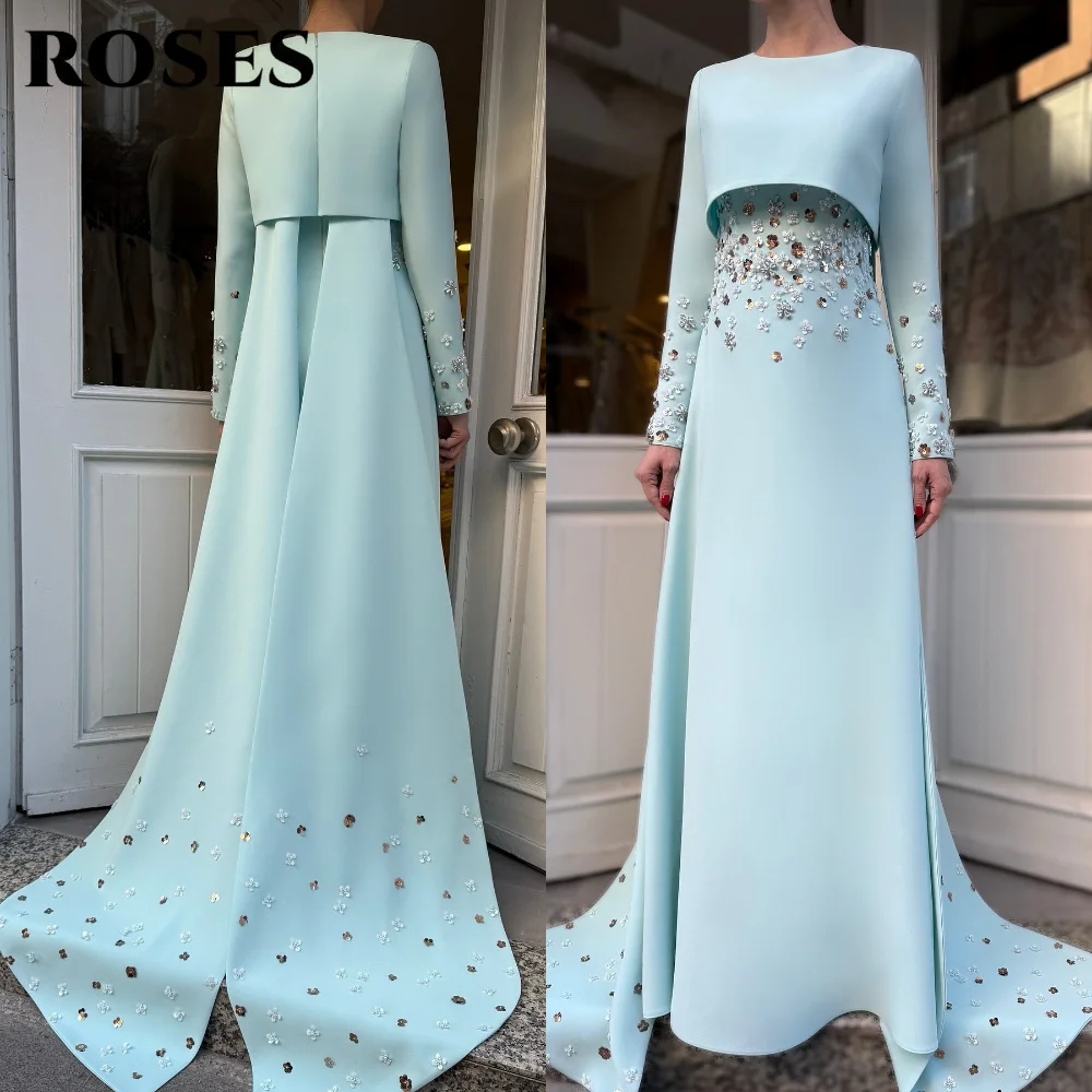 ROSES Light Blue Evening Dresses O-Neck Satin Trailing Prom Dress with Embellished Waist and Embellished Long Sleeves Customized