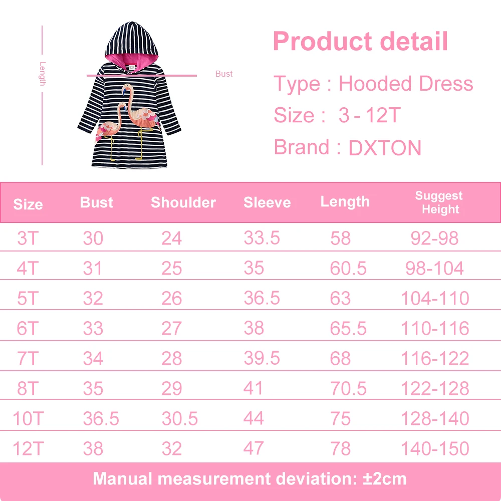 DXTON Girls Hoodies Dresses Autumn Striped Children Hooded Dress For Girls Flamingo Appliqued Kids Cotton Costumes 4-6 Years