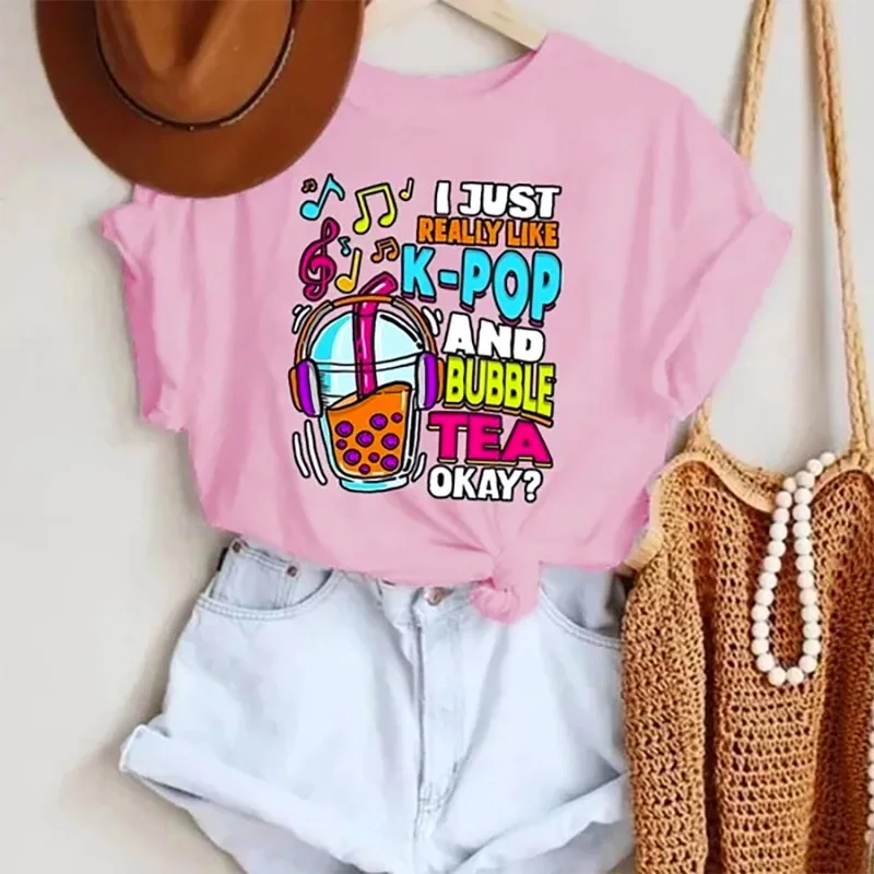 I Just Really Like K-Pop and Bubble Tea Okay Printing T-Shirt Fashion Women Short Sleeve Summer Cool Hip Hop Top Unisex Y2k Tees