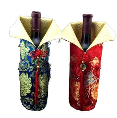 10pcs Chinese knot Holiday Christmas Wine Bottle Covers Bags fit 750ml Table Decorations Silk brocade Wine Dust Pouches