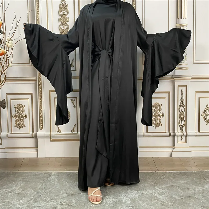 2-teiliges Set Satin Open Abaya Kimono Cardigan Damen Muslimisches Kleid mit Gürtel Eid Ramadan Jalabiya Passende Outfits Dubai Kaftan Robe