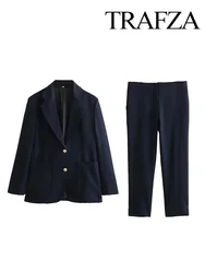 TRAFZ Women's Office Suit 2-piece Set Vintage Lapel Single-Breasted Casual Jacket+Chic High Waist Pocket Zipper Ankle Suit Pant