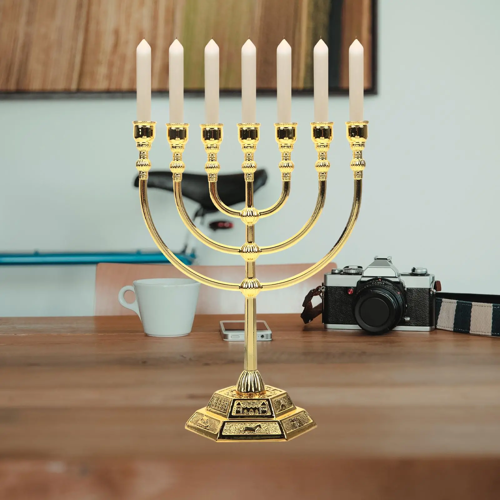 

Candelabrum 7 Branch Menorah Holder Retro Candlestick Jerusalem Temple Menorah Hanukkah Stand for Ritual Birthday Unscented