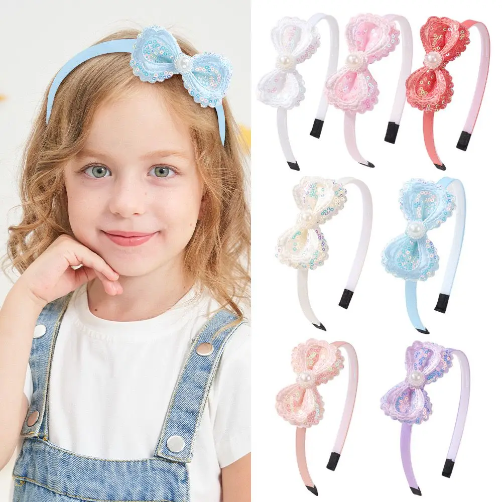 3.15inch Kids' Sequin Bow Headband Pearl Hair Hoops Children Ribbon Hair Hoop Baby Girls Bowknot Hair Band Kids Headwear