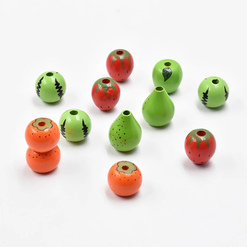 Colored Cute Fruit Shape Wood Beads 10pcs Apple Pear Strawberry Persimmon Wooden Spacer Beads For Jewelry Making DIY Accessories