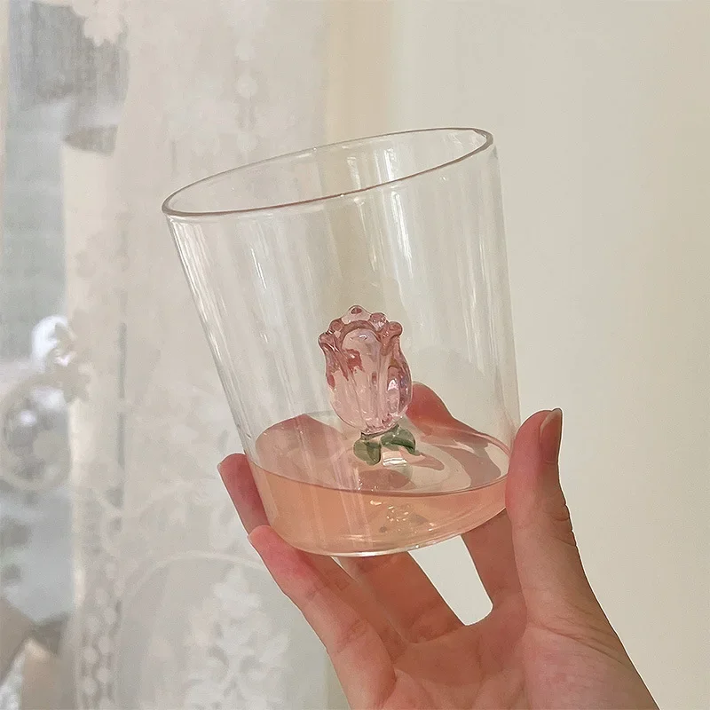 1 PC 300ml 10oz 3D Cute Lovely Pink Rose Build-In Water Glass Tumbler Cup For Girls Lovers Wedding Gift