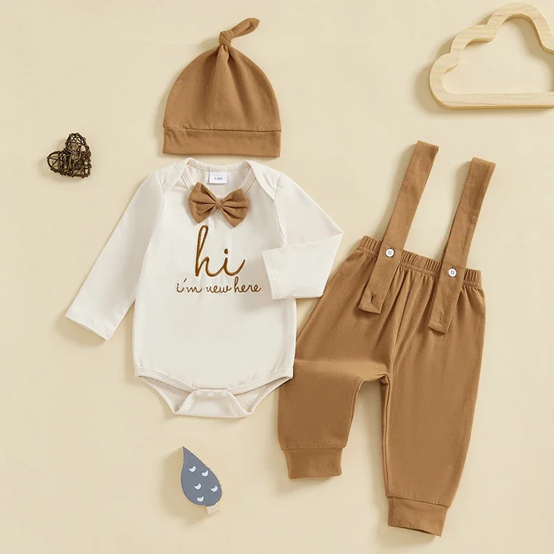 

Baby Clothing Boy Bow Tie Long Sleeve Letter Embroidered Romper Long Overall Pants Hat Gentleman Newborn Clothes Set