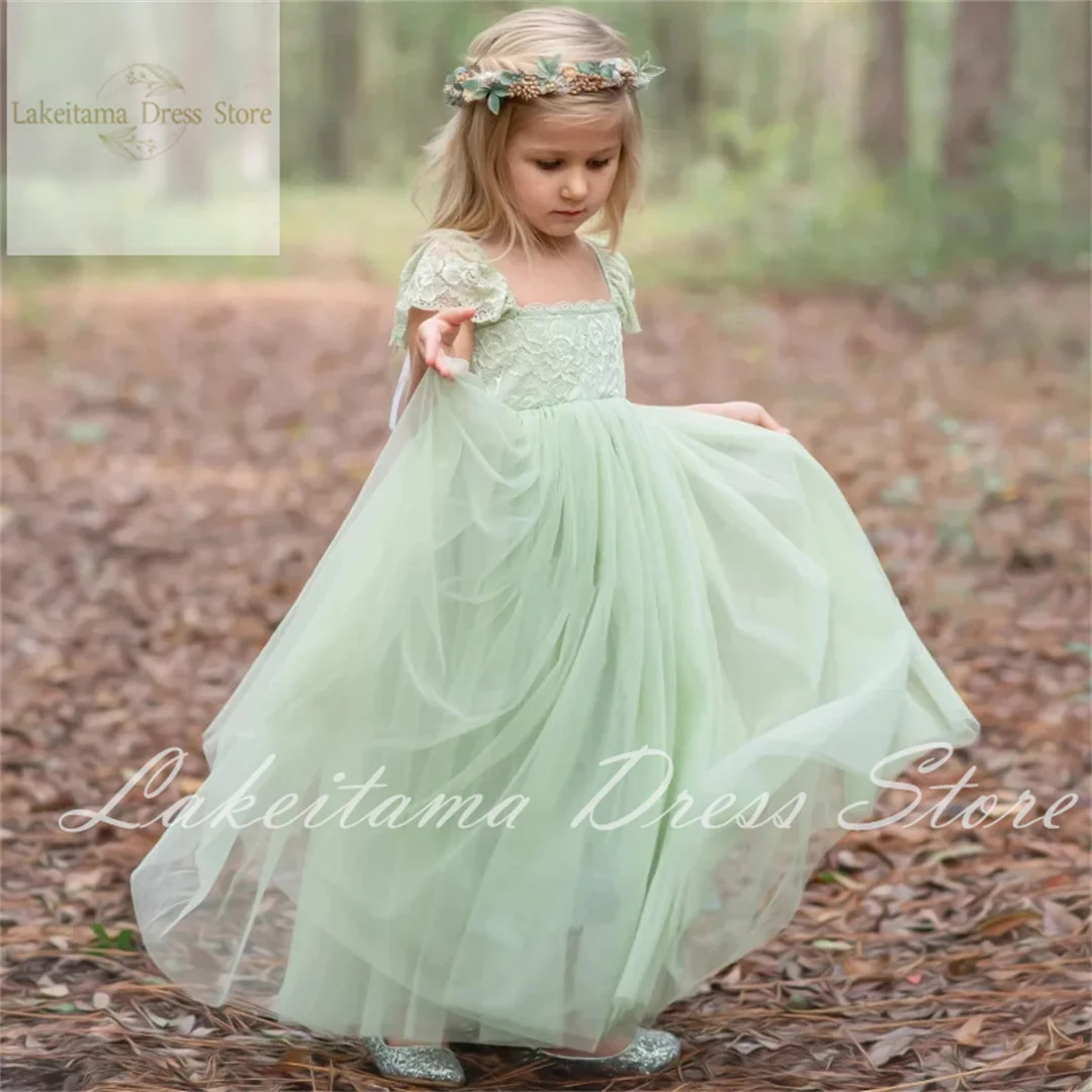 Flower Girl Dresses Tulle White Lace Appliques Short Sleeve For Wedding Birthday Party Holy Communion Gowns