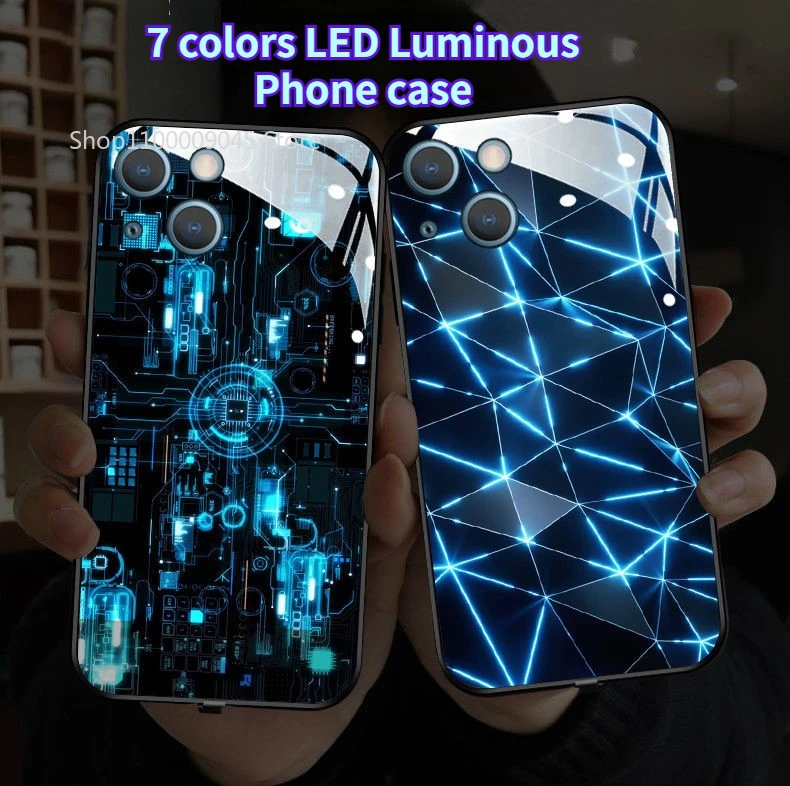 

High-Tech LED Light Glowing Tempered Glass Back Phone Case For iPhone 15 14 13 12 11 Pro Max X XR XS 7 8 plus mini SE2020 Cover
