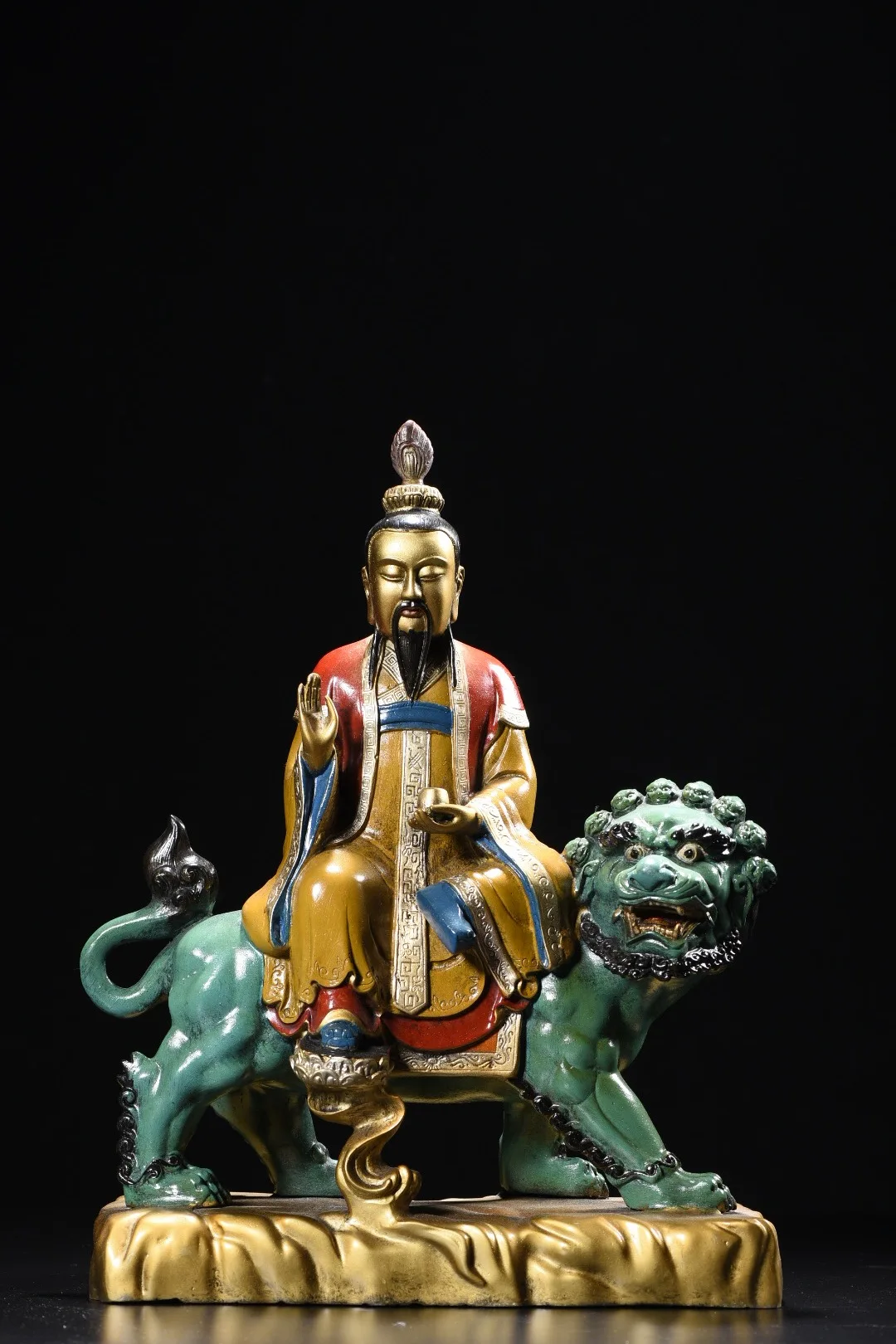 Old Bronze Painted Cinnabar Taiyi the Heavenly Saver Emperor Qinghua of Dongji Sitting on a lion statue Worship Hall