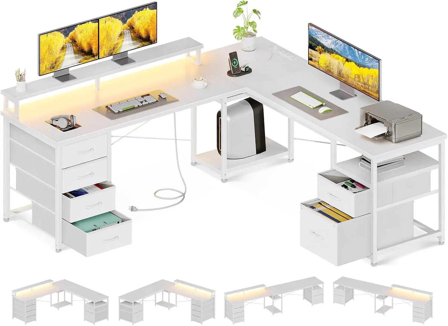 

105" Reversible Home Office Desk with File Cabinet & 4 Fabric Drawers,Two Person Desk with LED Lights&Power Outlet,Gaming Table