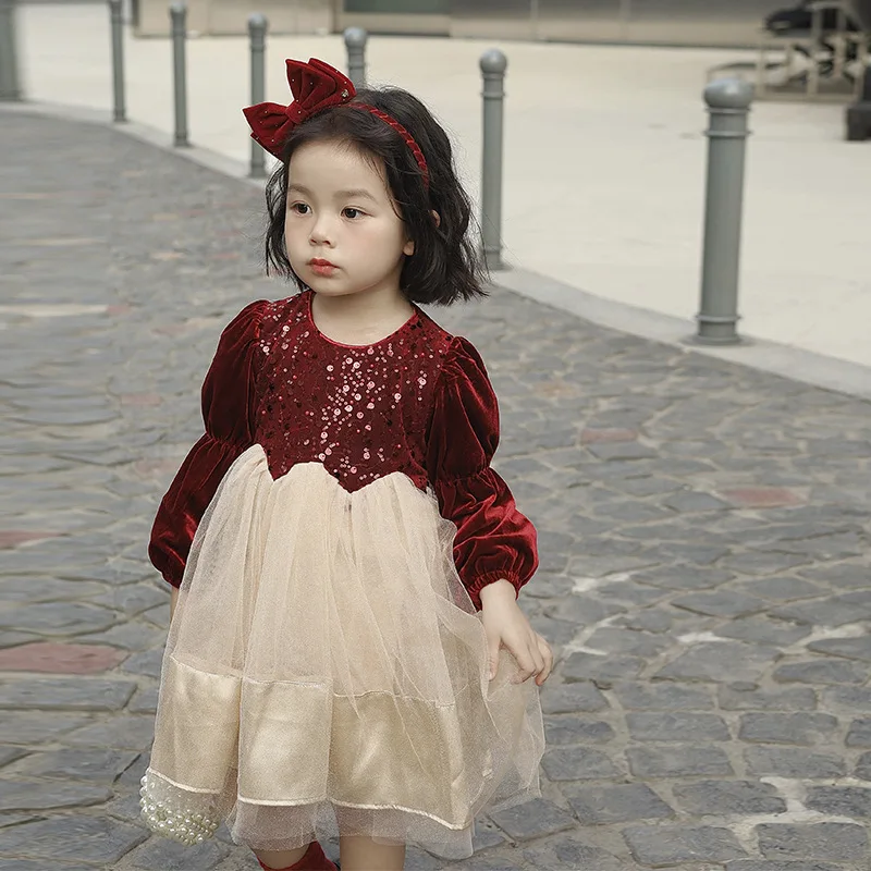 2025 Winter 2 3 4 6 8 10 Years Kids Chirstmas Pearl Neck Glitter Plus Velvet Warm Baby Girl Lace Patchwork New Year Red Dress