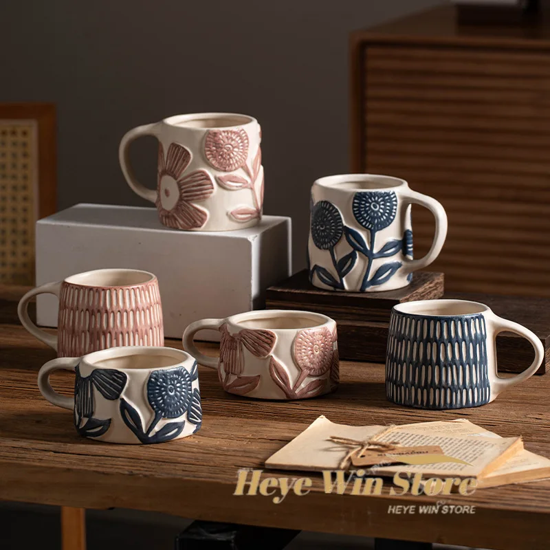 Vintage Classical Floral Ceramic Coffee Cup Irregular Pattern Office Tea Cup Classical Drink Milk Mug Home Large Capacity Mug