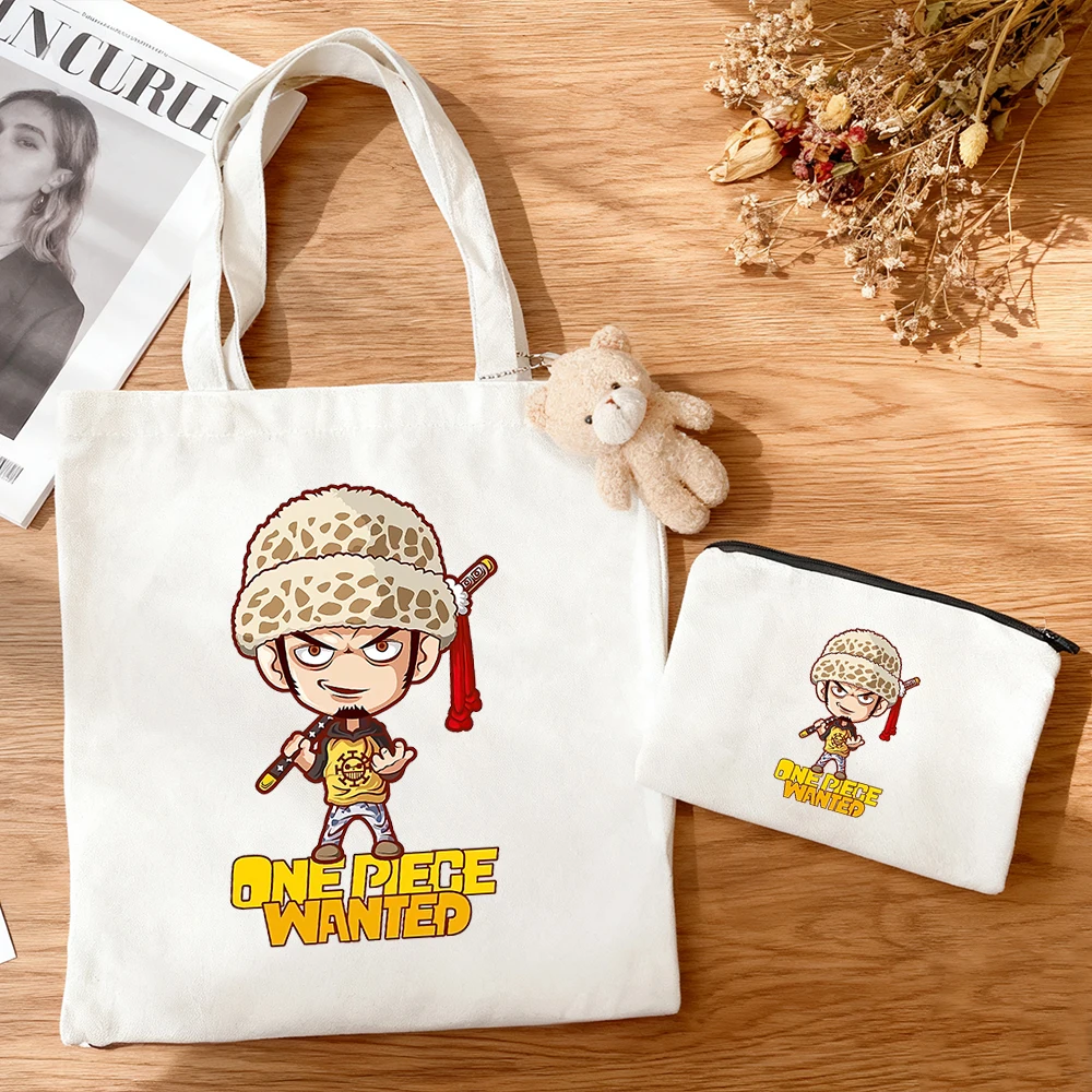 Sac fourre-tout en toile imprimé Monkey D. Luffy Chibi Anime, version Q Kawaii, 3 pièces/ensemble, sac à bandoulière, mini porte-monnaie, décontracté, grande capacité