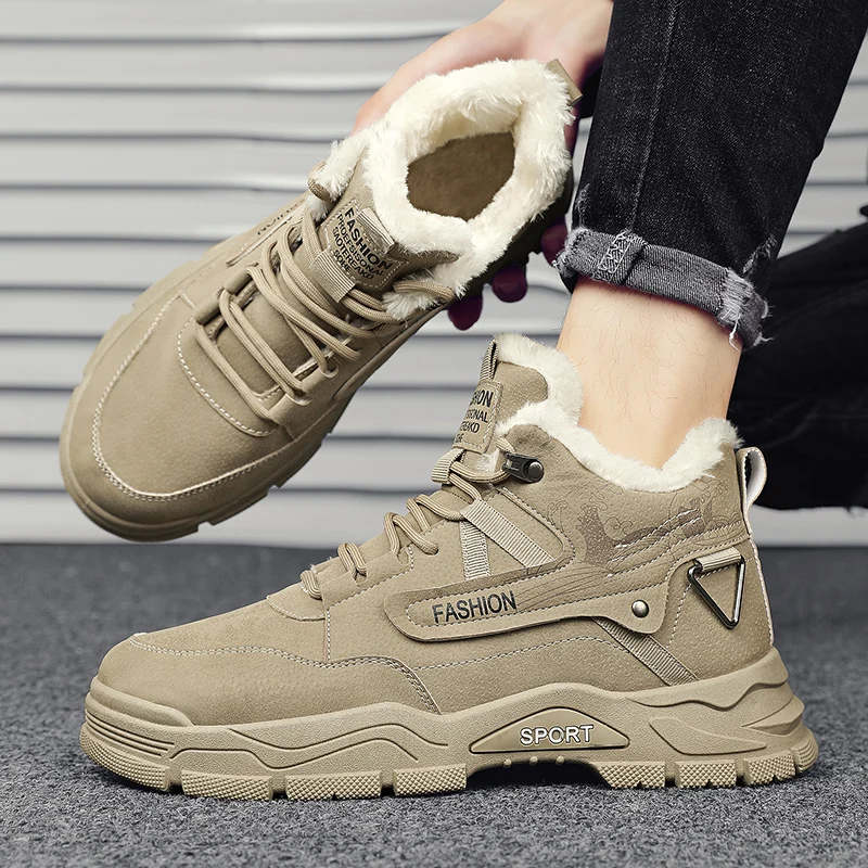 

New Large-sized Men's Leather Mid-top Outdoor Snow Boots with Fleece Warmth Solid Color Comfort and Anti-slip Features