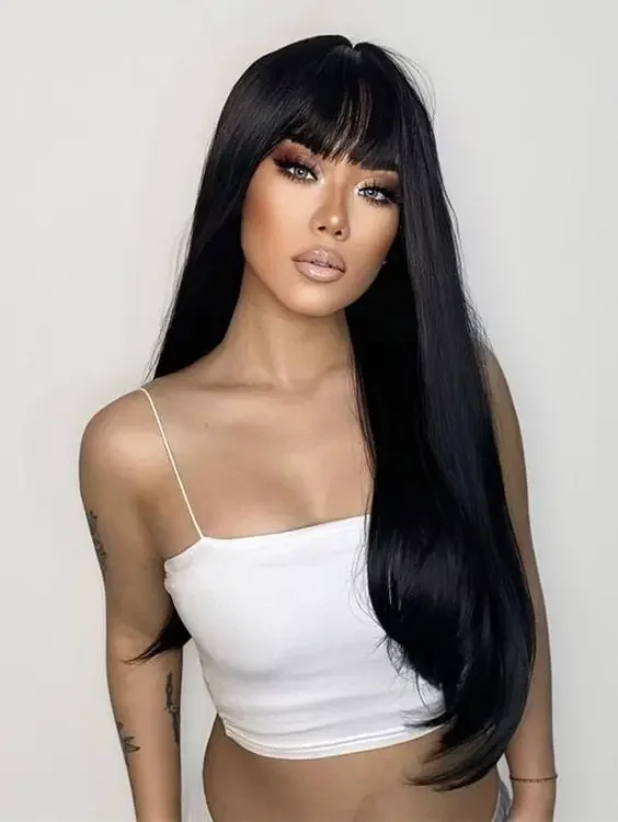 

Long Straight With Bangs Black Wig Soft Synthetic Heat Resistant Wig Black Five