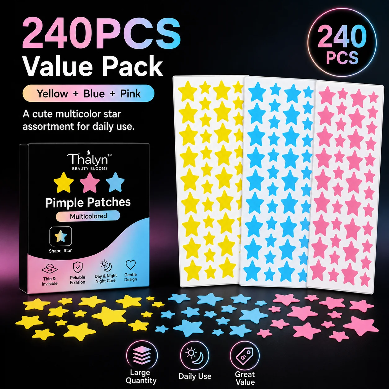 240PCS Colorful Star Pimple Patches Yellow Blue Pink Acne Patch Invisible Makeup Skin Cover Sticker Cute Beauty Patch