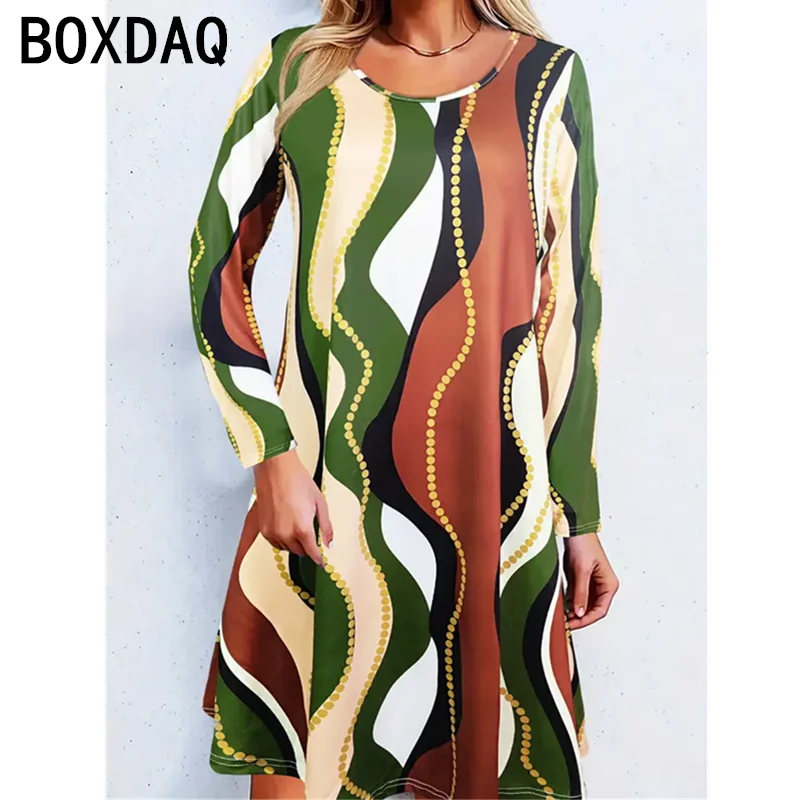 Large Size Women's Dress Autumn Winter Long Sleeve O-Neck Casual A-line Dress 3D Fashion Colorful Stripe Printed Dress Vestidos