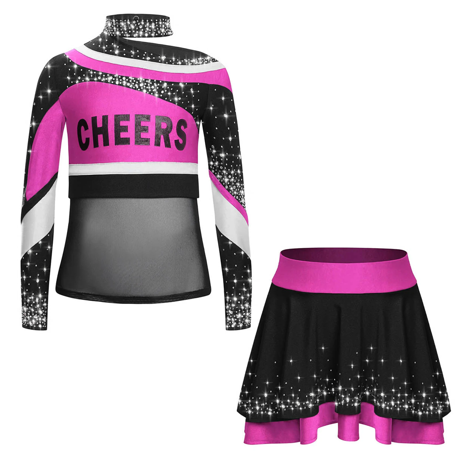 Kinder Mädchen Cheerleading Uniform Outfits Langarm Brief Drucken Strass Hemd Top + Rock + Kopfbedeckung + Gestreifte Socken + Blumenkugeln