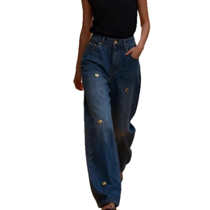 

French Elegant Harajuku Style Metal Decorated Loose Women's Jeans Versatile Straight Leg High Waist Long Pants Autumn