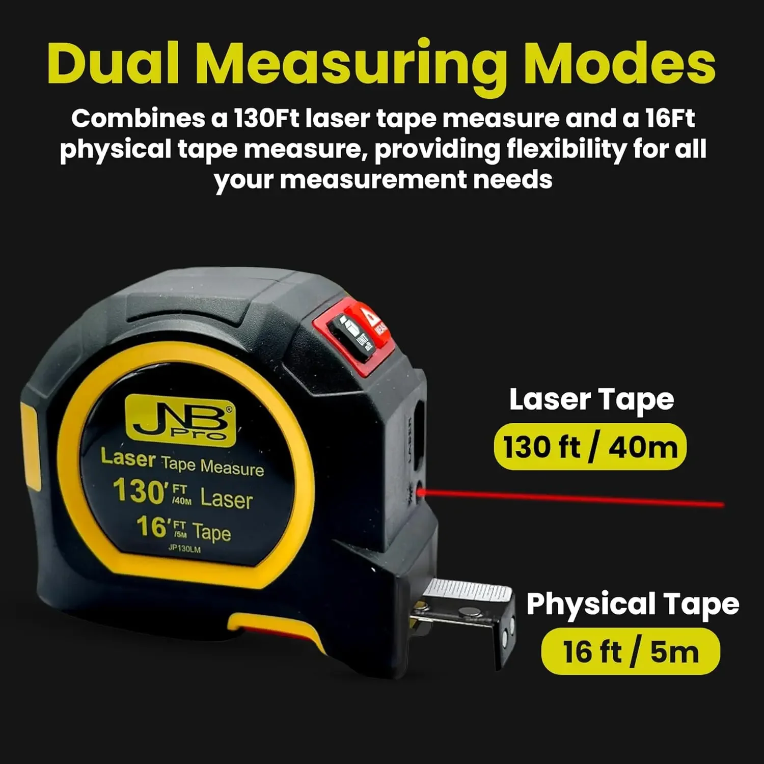 

2 in 1 Digital Tape Measure with Laser, 130ft/40m Laser Distance Meter Display on Backlit LCD + 16ft/5m Autolock Autolock