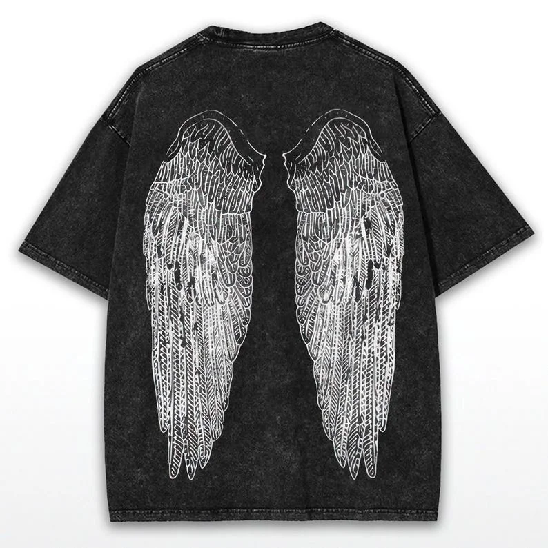 Y2K Gothic Angel Wings T-shirt: wash grunge street wear personality casual street fashion high quality round neck short sleeve