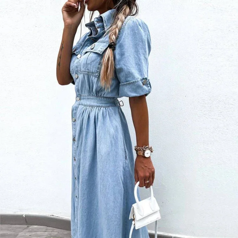 High Street Office Denim Dresses Chic Summer Short Sleeve Women Elastic Waist Long Dress Elegant 2024 Lapel Button Jeans Dress