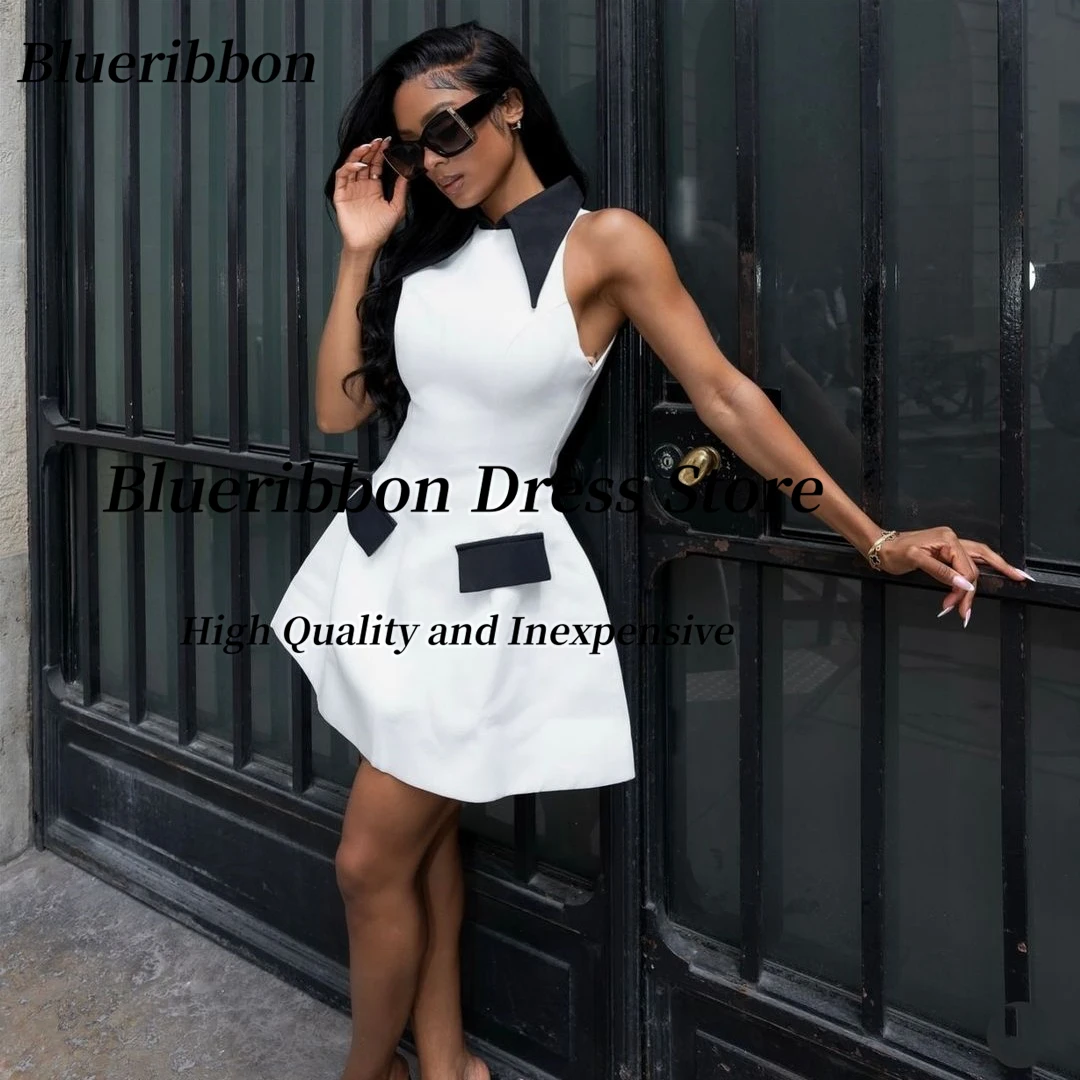 

Blueribbon Sexy Short Prom Dresses Contrast Black Lapel Neckline Robe Des Cocktail Dress Satin Mini Evening Party Gowns