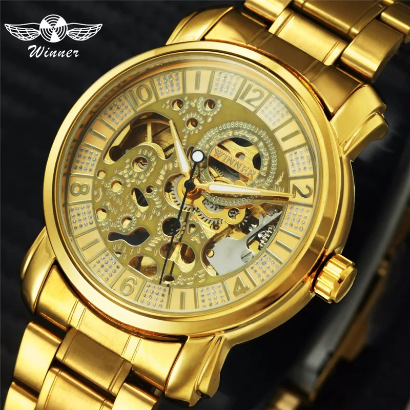 Fashion Winner Top Brand Full Luxury Golden Stainelss Steel Men's Personalized Hollowed Out Automatic Mechanical Wrist Watches