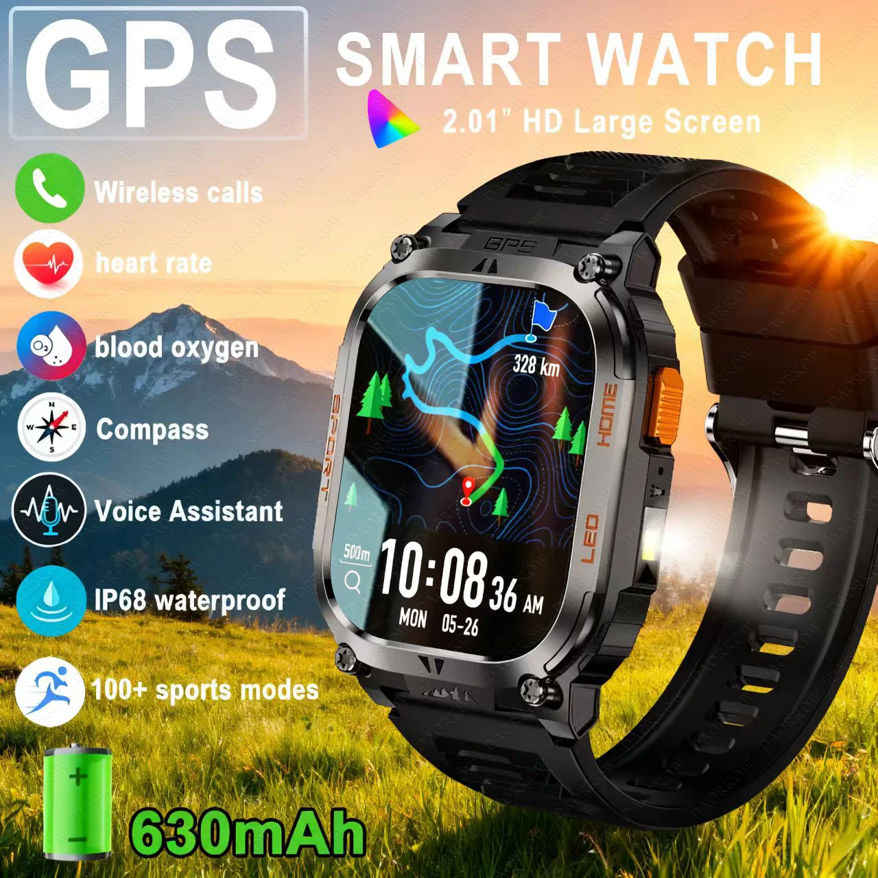 

DAORKOW outdoor GPS smartwatch, AI voice call, 630mAh heart rate LED flashlight, IP68 waterproof compass, 100+ sports smartwatch