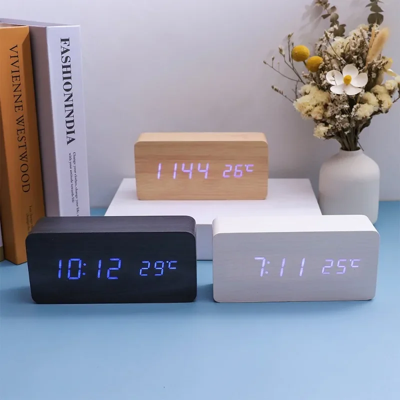 Wooden Digital Alarm Clock, LED Alarm Clock with Temperature Desk Clocks for Office,Bedside Clock