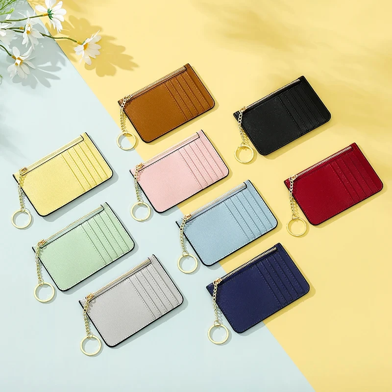 Multi-card Slot Ultra-thin Small Wallet PU Leather Mini Card Holder Women Solid Color Wallet ID Card Keychain Credit Card Holder