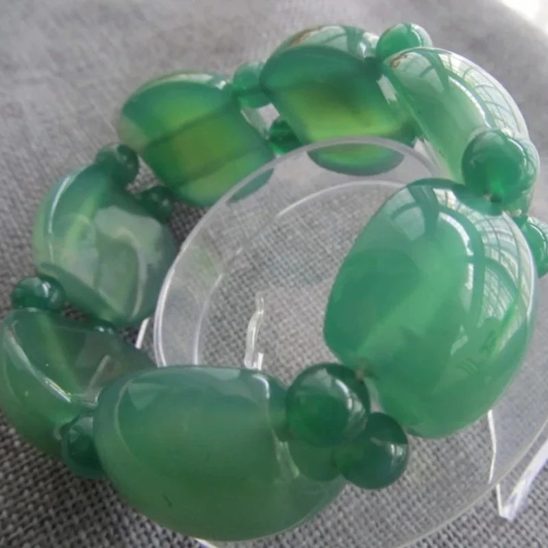 Natural Brazilian Green Chalcedony Agate Bracelet Men's Flat Round Popular Simple Hand String Jewelry