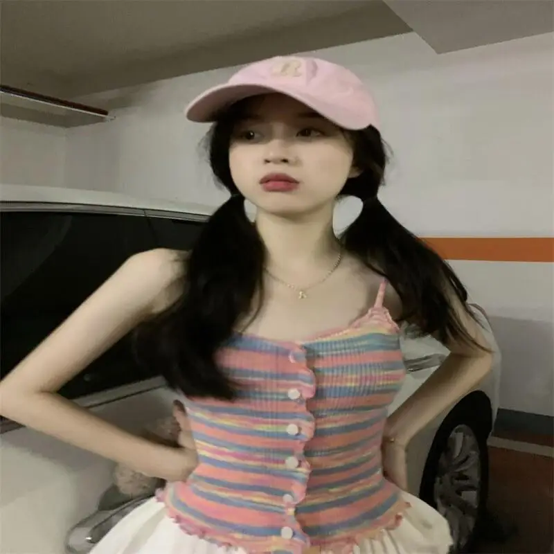 Französisch Stil Leibchen Frauen Ärmel Taste Strickjacke Regenbogen Gestreiften Slim Fit Spitze Trim Casual Sommer Nette Kawaii Mode Neue