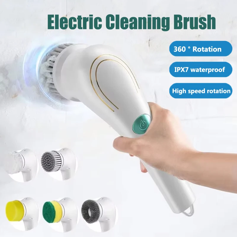 Electric Rotary Cleaning Brush Bathroom Cleaning Brush Powerful Noiseless 5 Replaceable Brush Heads Floor Kitchen