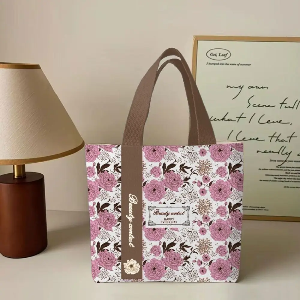 Cartoon Floral Canvas Bag Reusable Lightweight Shoulder Bag Large Capacity Versatile Lunch Bag Women's Accessories