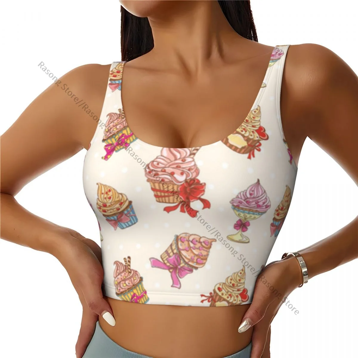 Women Sexy Sports Vest Different Sweet Cupcakes Illustration Female Streetwear Sport Lingerie Tee Crop Top