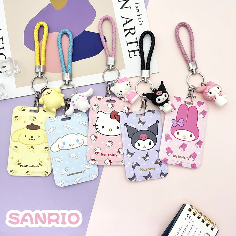 Hello Kitty Kuromi Card Holder Kawaii My Melody Cinnamoroll Anime Keychain Pendant Sanrio Card Protector with Lanyard Gifts