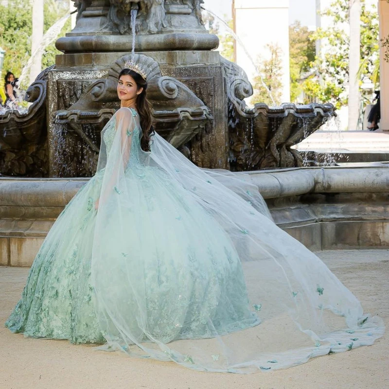 Vestido De quinceañera De menta personalizado, vestido De baile, capa, apliques De mariposa, Beadig, dulce 16, Vestidos De 15 Años YQD410