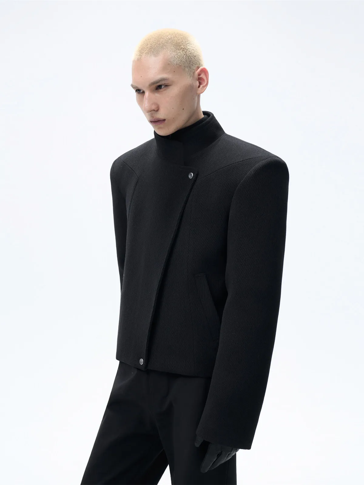 High Street Dark Black Padded Wool Jacket Men's Loose Black Short Thick and Warm Padded Jackets with Design Sense