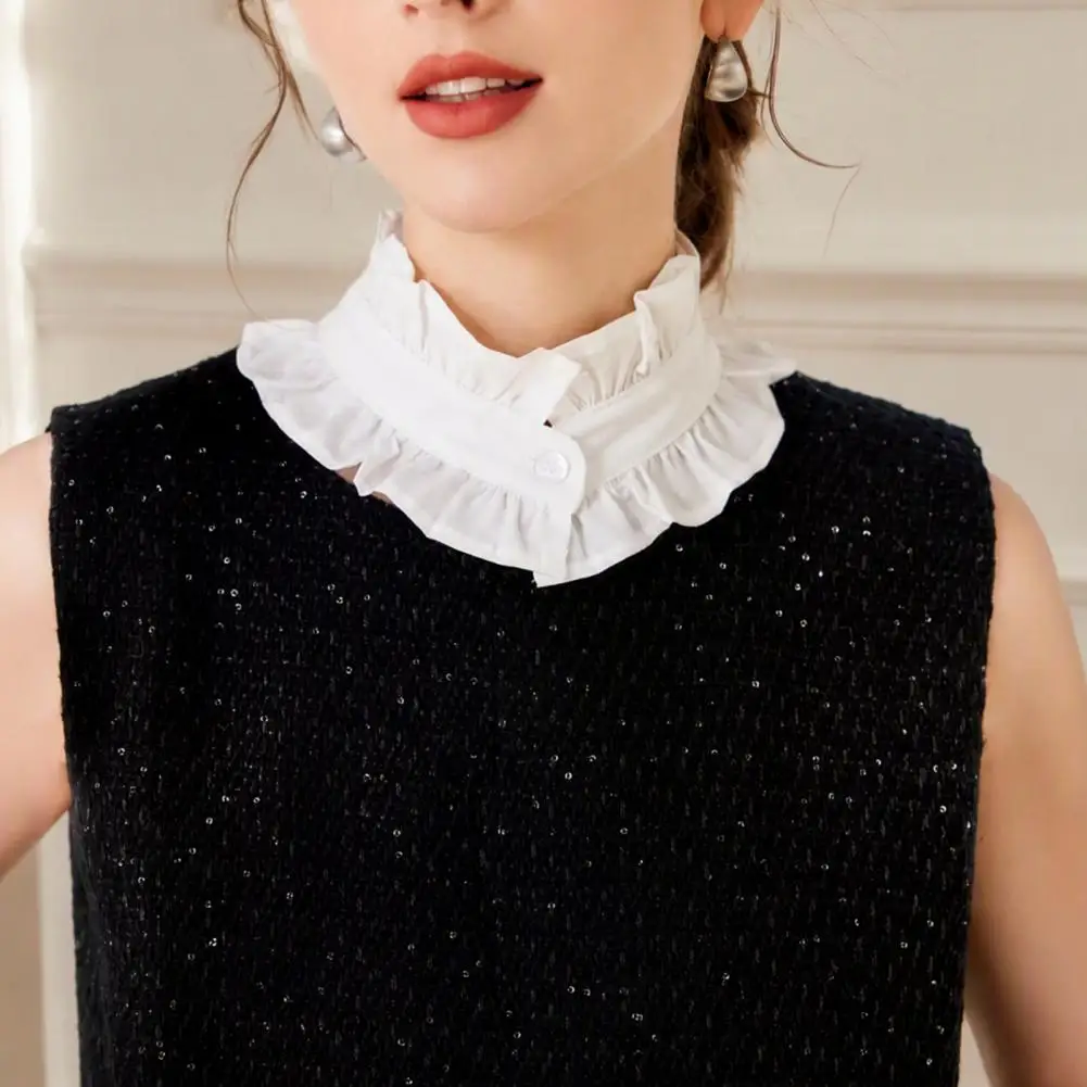 French Style Ruffled Fake Collar for Women, Retro Detachable Collar with Button Cotton Pleated Dickey with Fake Cuffs