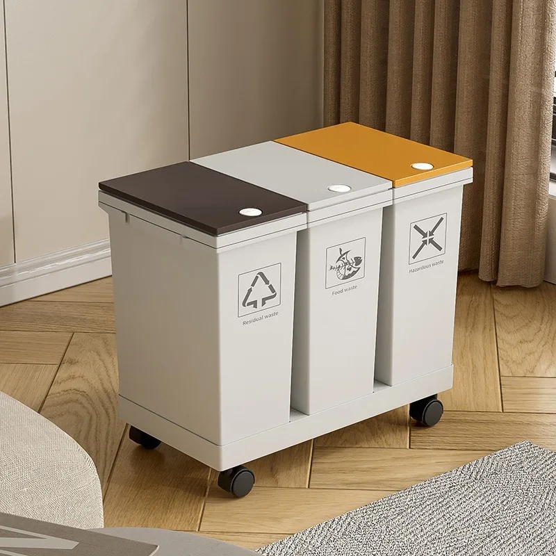 60L gland trash can, kitchen, large-capacity wet and dry separation storage bucket, moving and sorting trash can with wheels, en