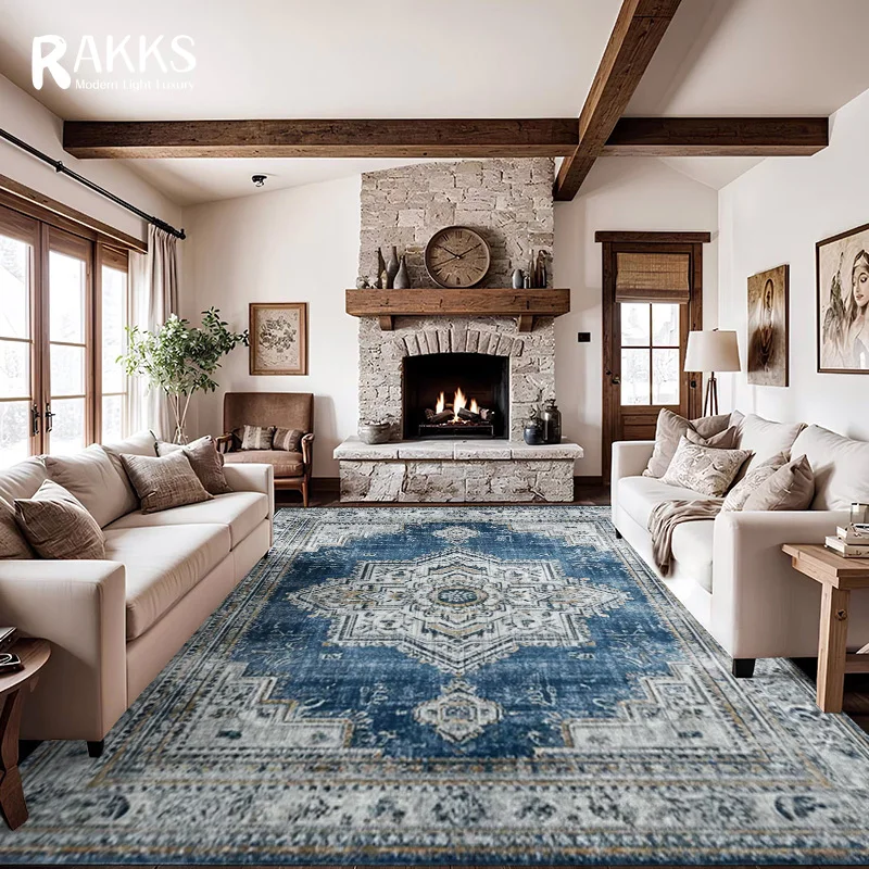 RAKKS Tappeto mandala marocchino in velluto blu, antiscivolo, antiscivolo, facile da pulire, ideale per aree ad alto traffico nel soggiorno, nella camera da letto